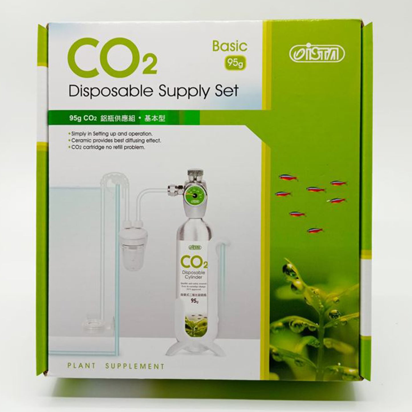 ISTA - Set Pasokan Sekali Pakai CO2 dengan nosel CO2 dengan pengait berdiri di tepi tangki kaca