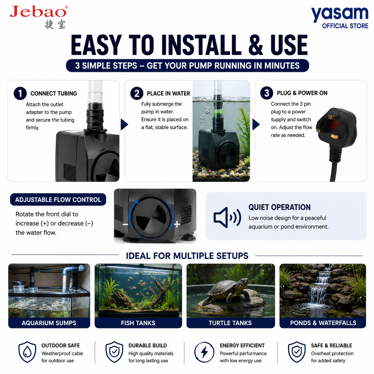 JEBAO - 3 Pin Plug Outdoors Water Pump Aquarium (2m Weather Proof Cable) - 650-1,500(L/Hr)