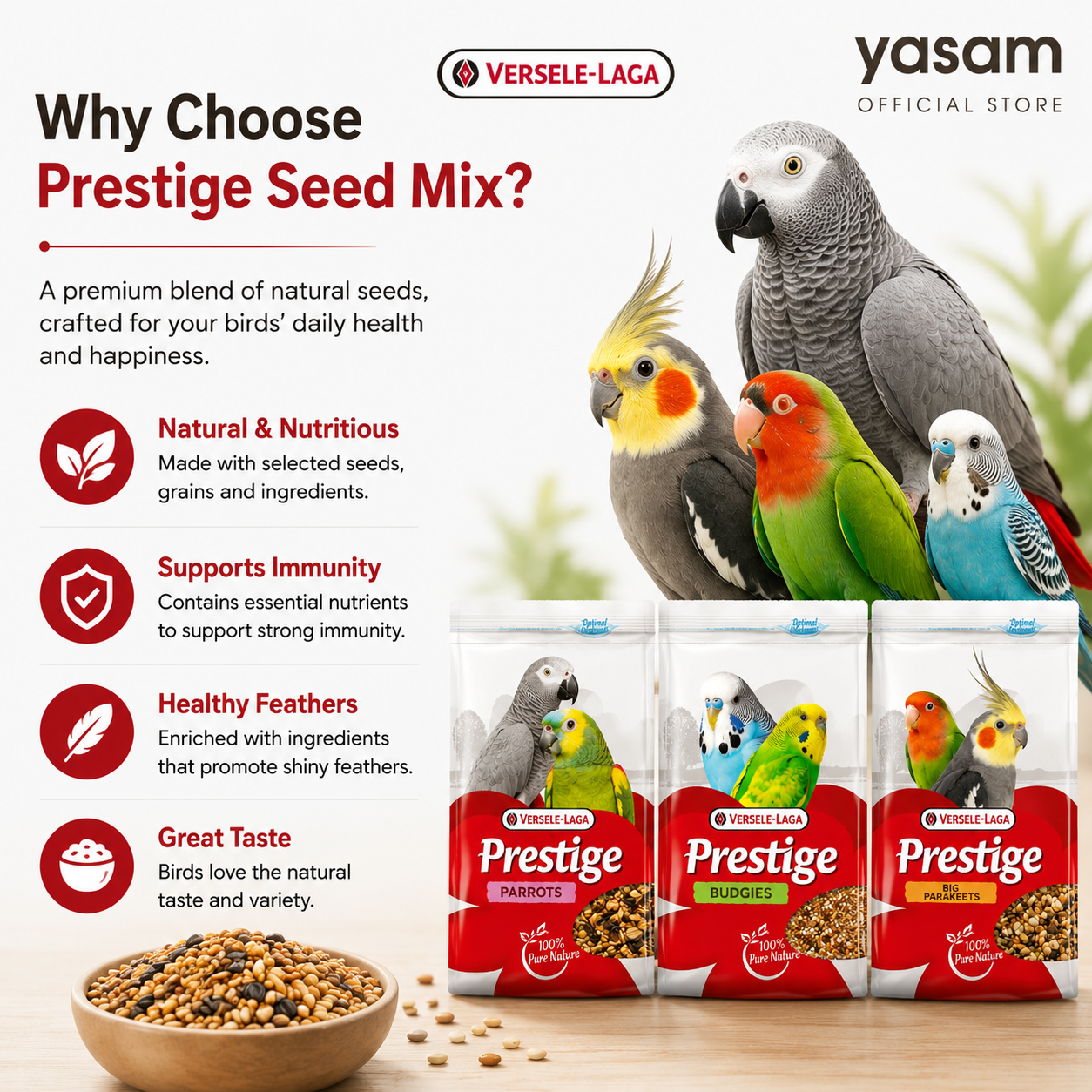 VERSELE LAGA - Prestige Bird Food 1kg Parrot Budgie Big Parakeet Seed Mix