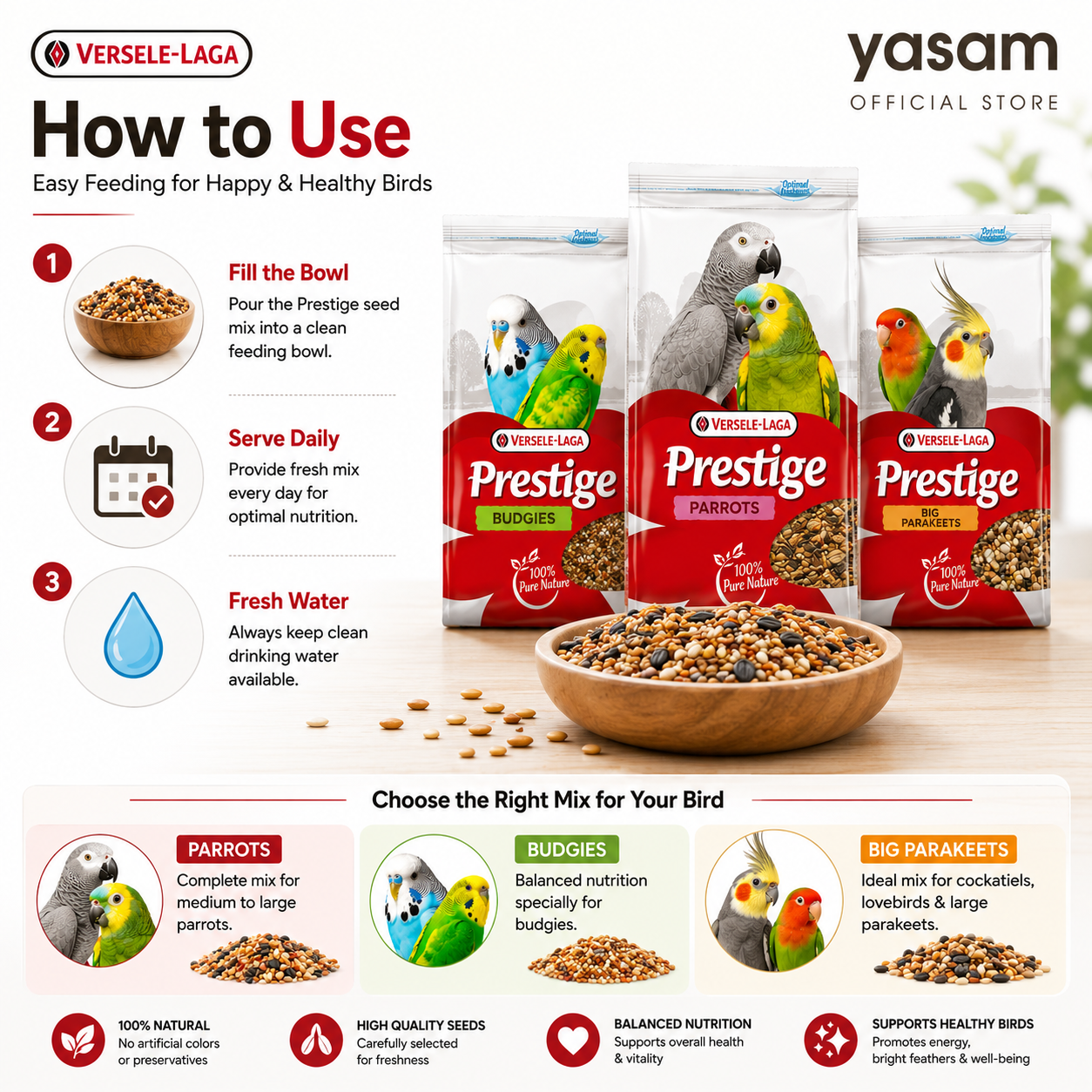 VERSELE LAGA - Prestige Bird Food 1kg Parrot Budgie Big Parakeet Seed Mix