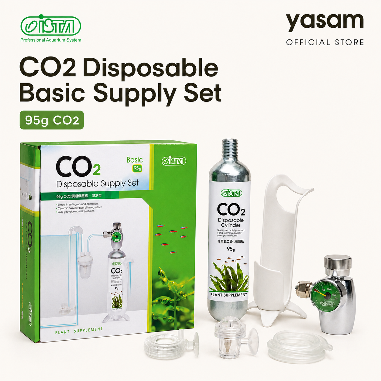 ISTA - Set Pasokan Sekali Pakai CO2 dengan nosel CO2 dengan pengait berdiri di tepi tangki kaca