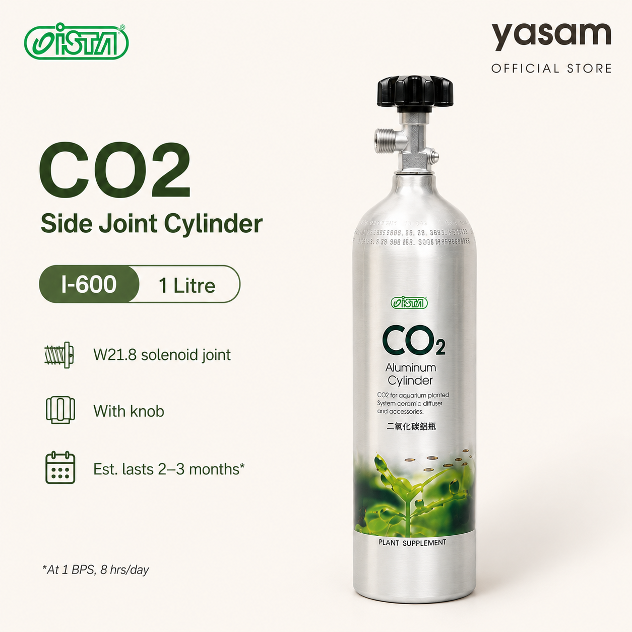 ISTA- Shiny Smooth CO2 filled Cylinder 1L, 2L, 3L with knob and side facing for solenoid joint