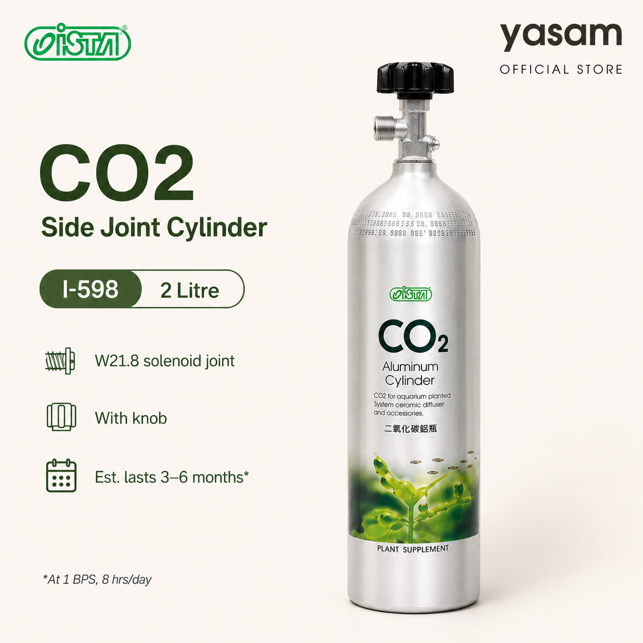 ISTA- Shiny Smooth CO2 filled Cylinder 1L, 2L, 3L with knob and side facing for solenoid joint