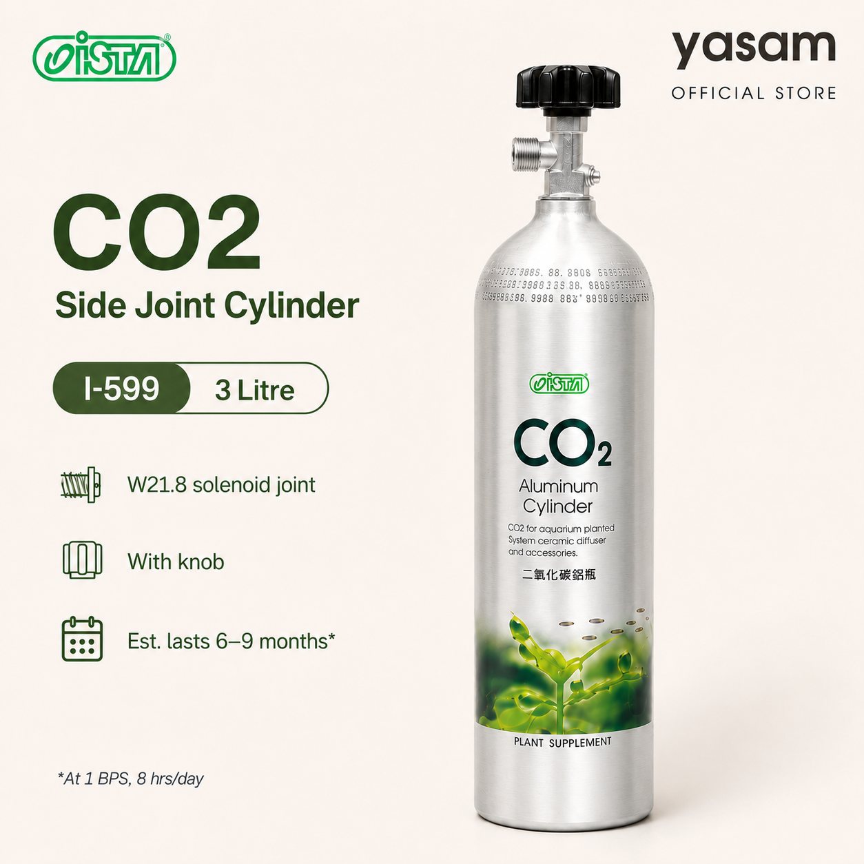 ISTA- Shiny Smooth CO2 filled Cylinder 1L, 2L, 3L with knob and side facing for solenoid joint