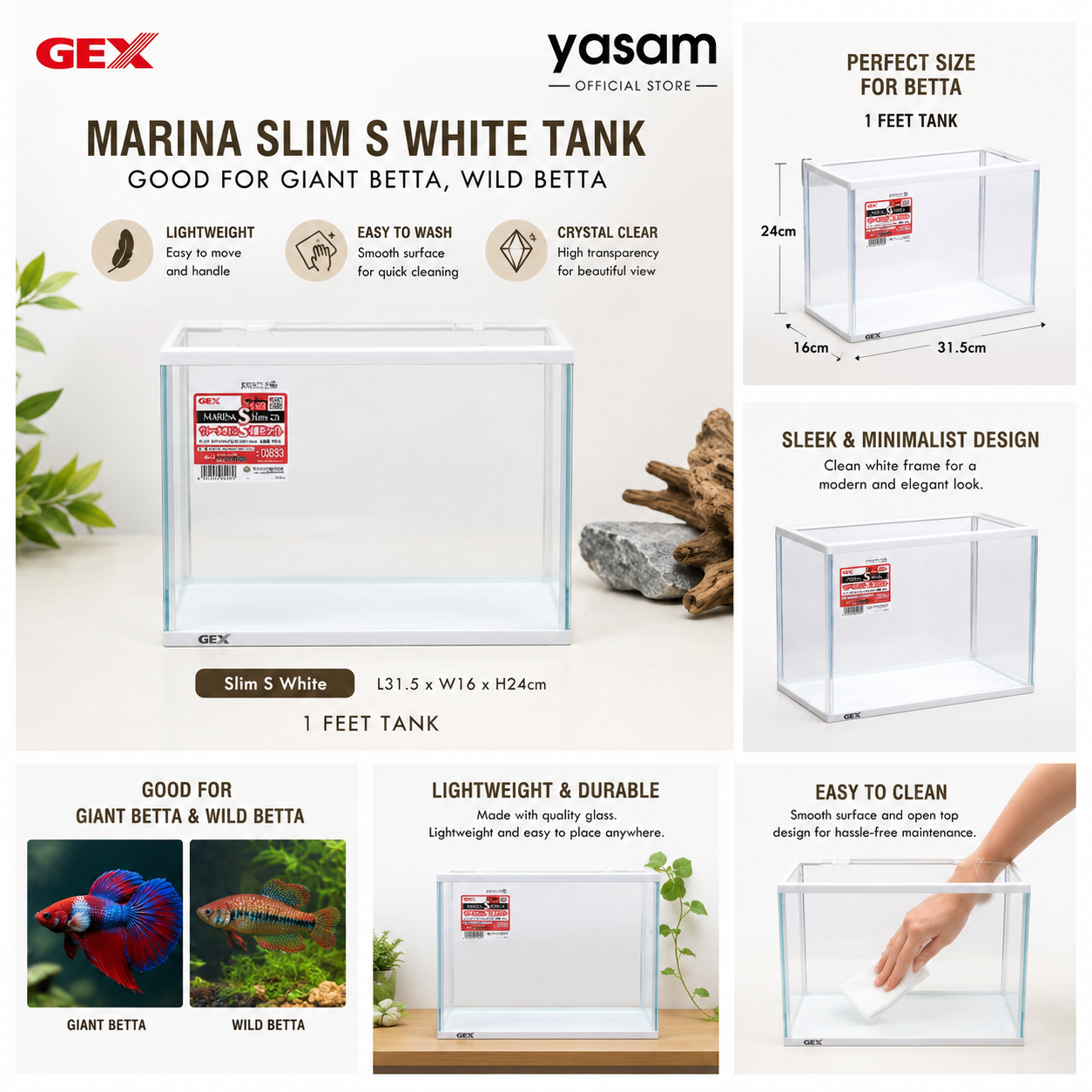GEX - Marina Slim S White Tank good for Giant Betta, Wild Betta (Light and Easy to Wash) 1 Feet Tank