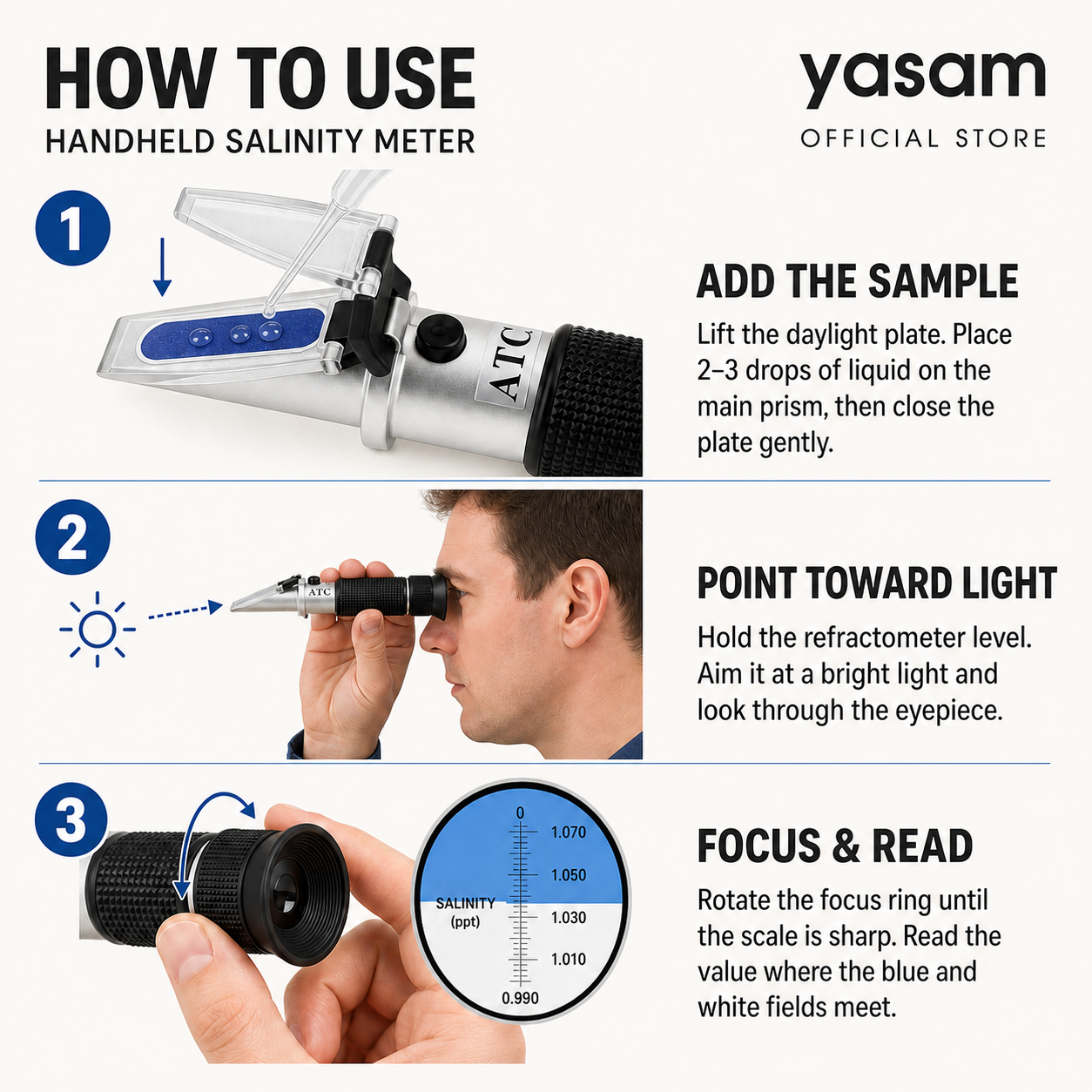YASAM - Portable Handheld Salinity Refractometer 0-100 Aquarium Salt Water Measurement