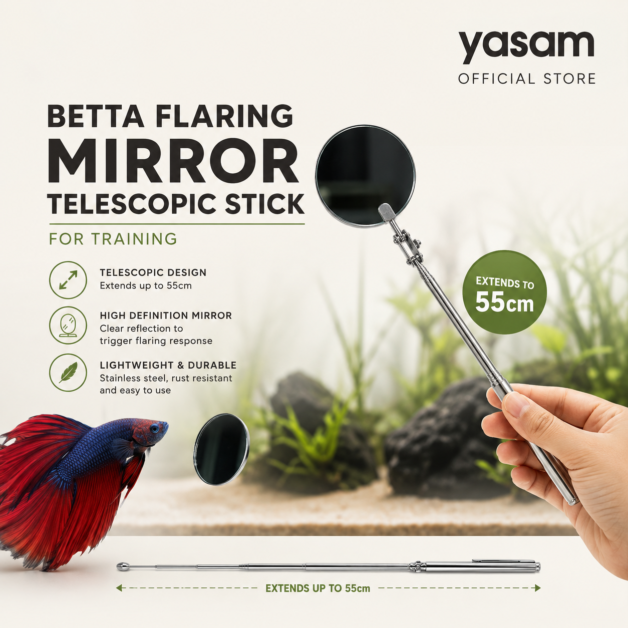 YASAM - Betta Flaring Mirror Telescopic Stick for Training extends to 61cm