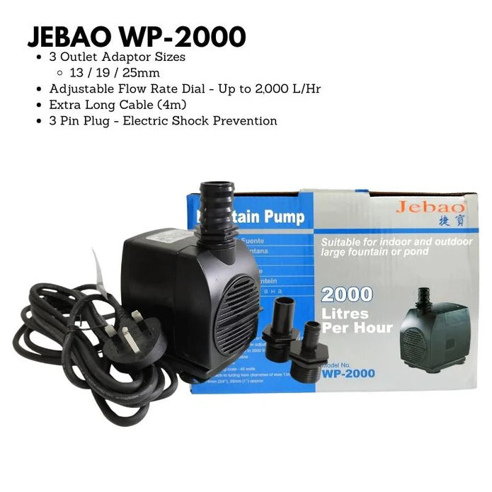 JEBAO - 3 Pin Plug Outdoors Water Pump Aquarium (2m Weather Proof Cable) - 650-1,500(L/Hr)