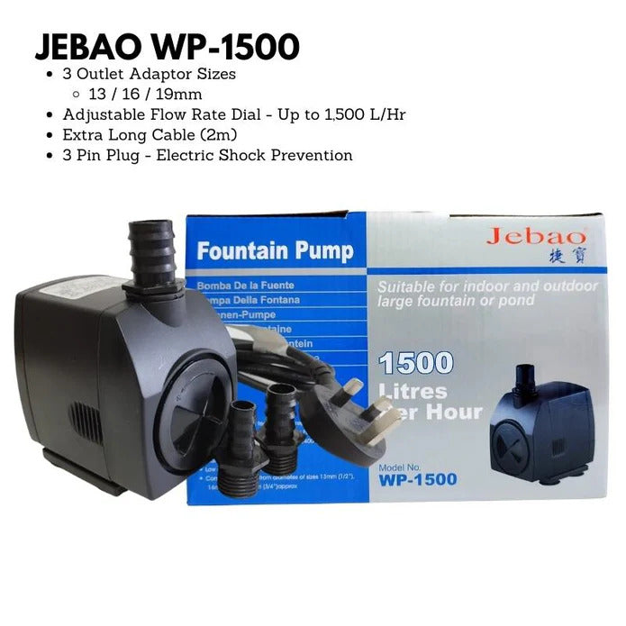 JEBAO - 3 Pin Plug Outdoors Water Pump Aquarium (2m Weather Proof Cable) - 650-1,500(L/Hr)