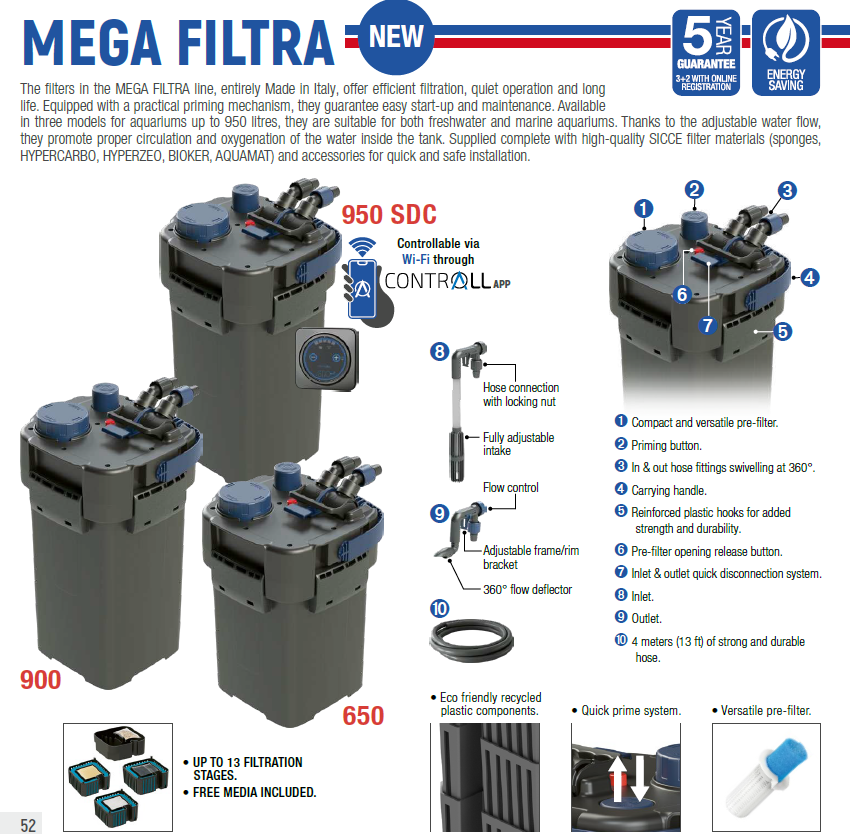 SICCE MEGA FILTRA External Canister Filter 650 900 950 SDC for Aquarium Wi-Fi App (Fresh & Marine)