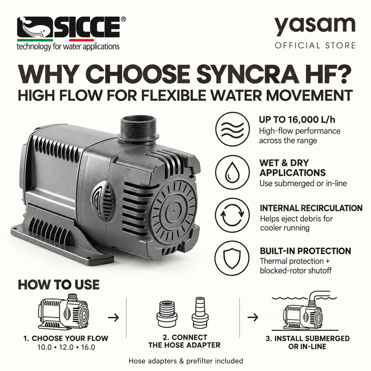 SICCE SYNCRA HF High Flow Multifunction Pumps 10.0 12.0 16.0 Wet & Dry Applications