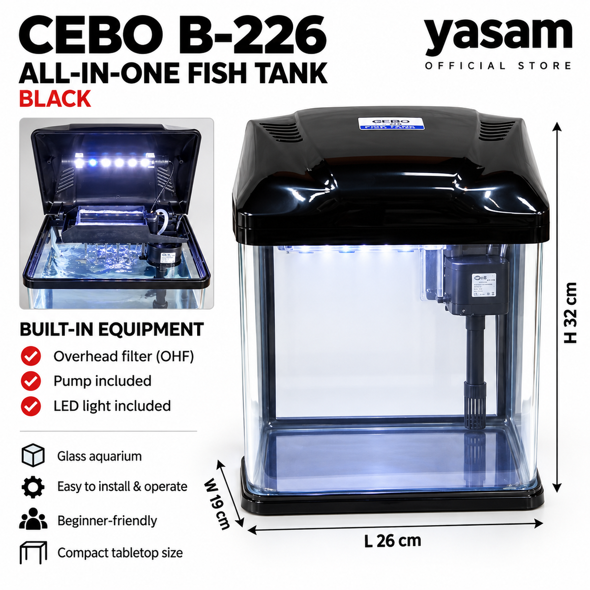 CEBO Fish Tank Set All In One Ready to Use with Overhead Filter + Pump + LED + Cover (Black)