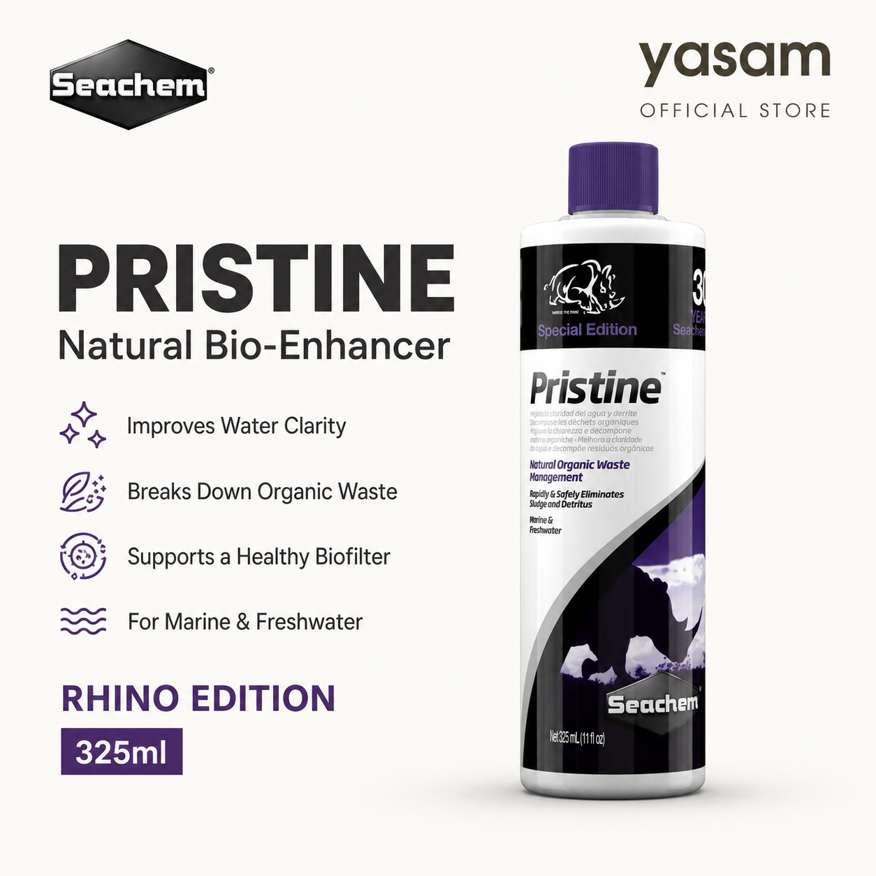 SEACHEM - Pristine Natural Bio-Enhancer for Aquarium Water Clarity & Quality (Rhino 325ml)
