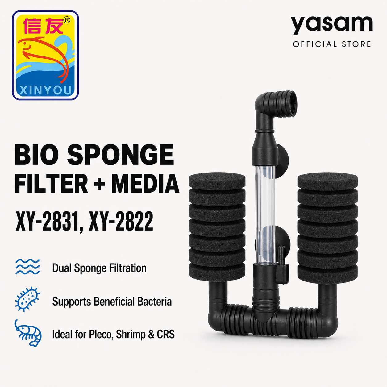 YASAM - Xinyou XY-2831 Bio Sponge Filter and Media best for Pleco, Shrimp Tanks CRS