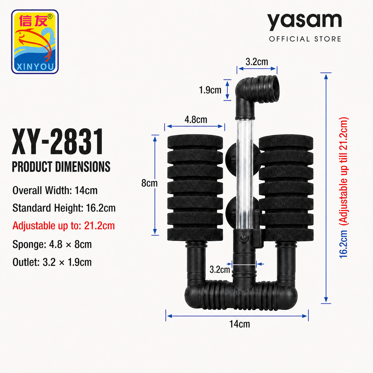 YASAM - Xinyou XY-2831 Bio Sponge Filter and Media best for Pleco, Shrimp Tanks CRS